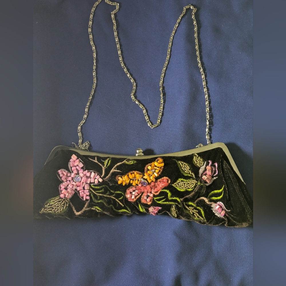 Vintage Beautiful Beaded Evening Brown Floral Clutch $15